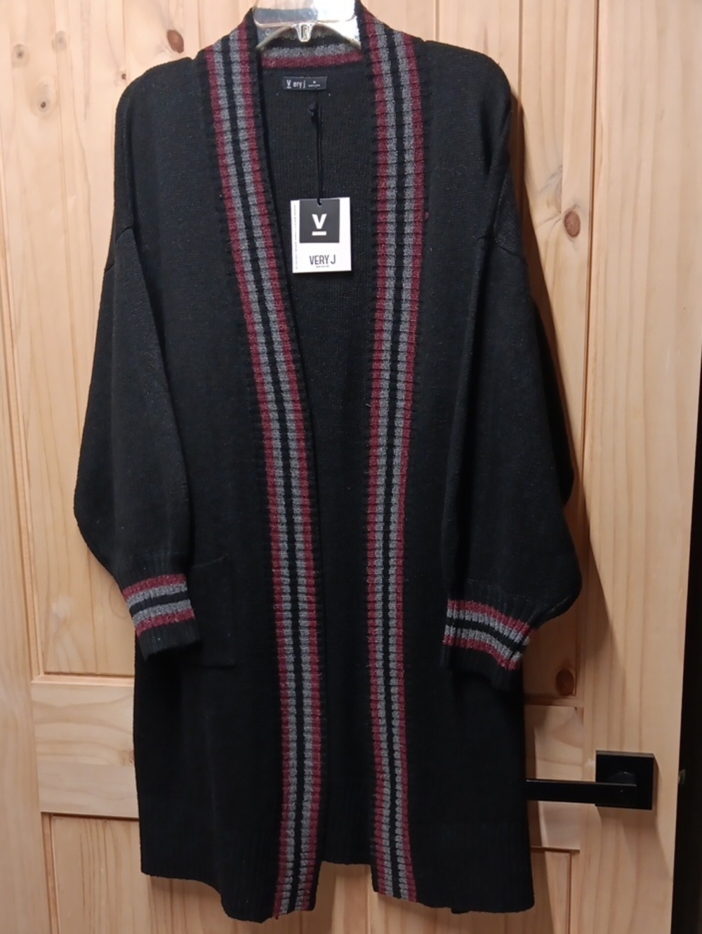 Very J Women's Black Open-Front Cardigan with Burgundy & Gray Trim NWT
